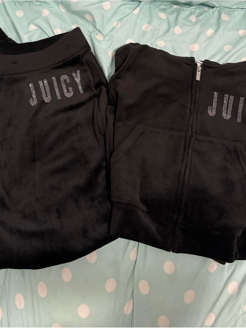 Juicy Couture Black Velour Jogger Pants & Zip Hoodie Set with Rhinestone Logo